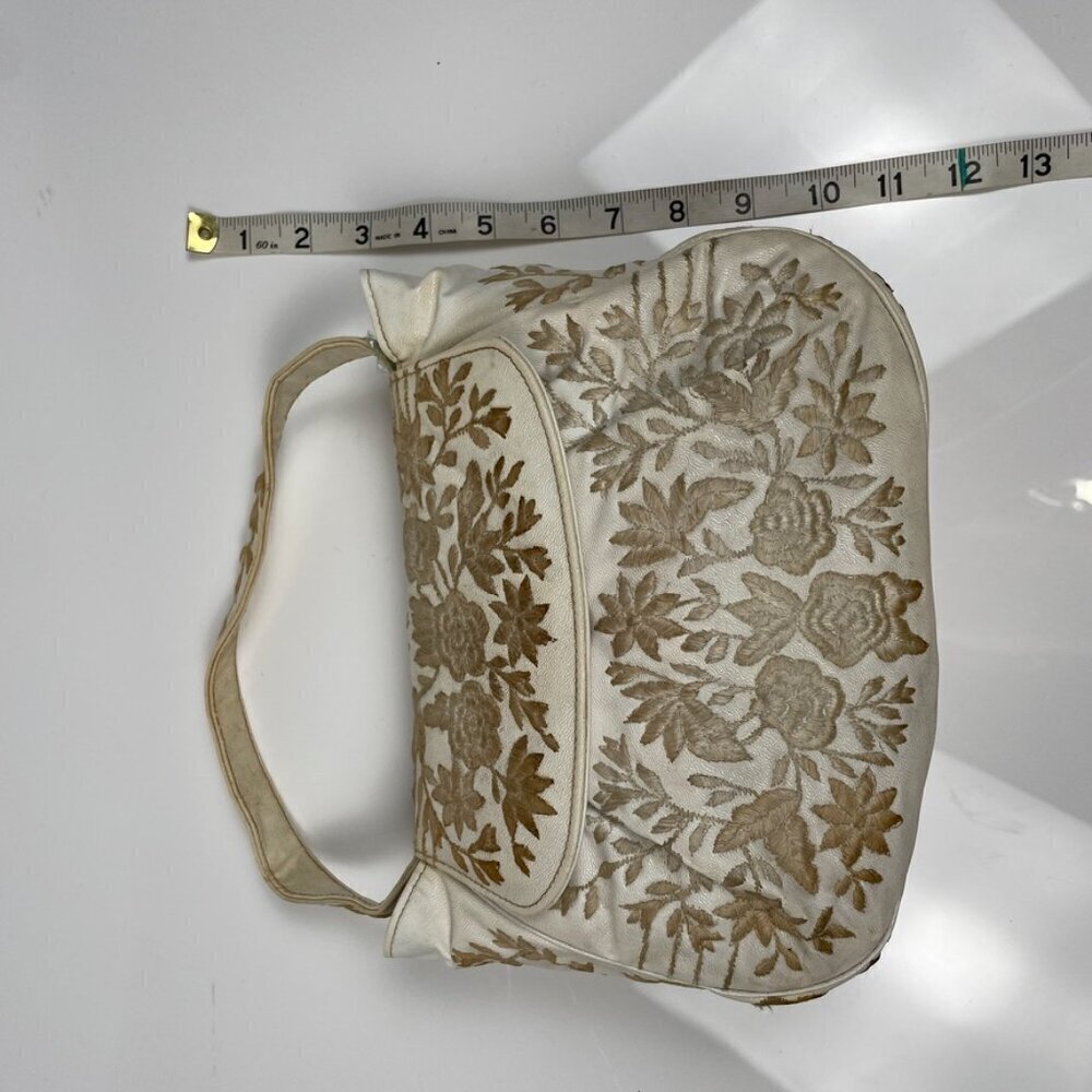 Vintage Cream and Brown Leather Embroidered Floral Purse - Picture 12 of 12